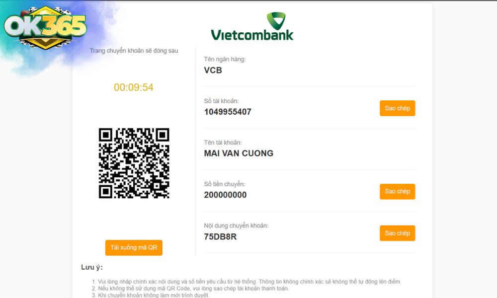 Quét mã đã hiển thị để chuyển tiền cho nhà cái OK365